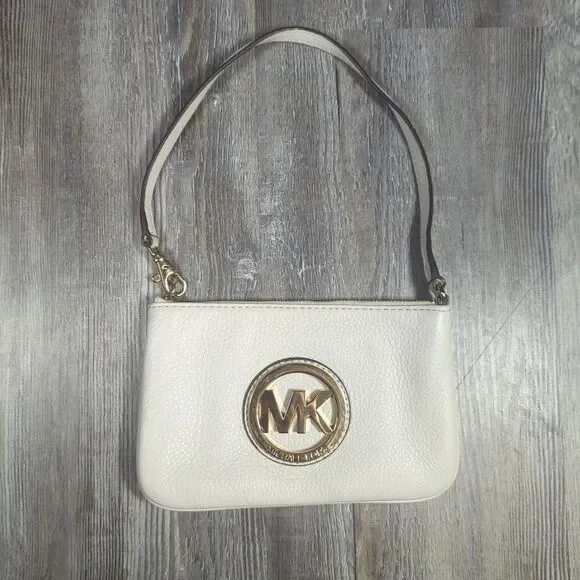 Michael Kors Fulton Wristlet Cream And Gold Zip Wallet MK Mini Purse - Picture 7 of 12